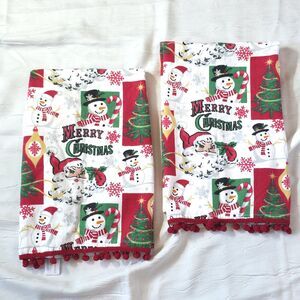 Deborah Connolly 2 Retro Style Santa Christmas Hand Towels Pom Poms Snowman